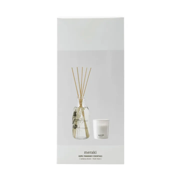 Coffret cadeau Meraki bâtonnets parfumés et bougie parfumée - Verbena drizzle-fresh linen - Meraki