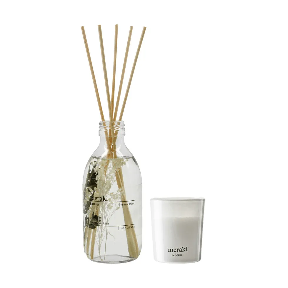 Coffret cadeau Meraki bâtonnets parfumés et bougie parfumée, Verbena drizzle-fresh linen Meraki