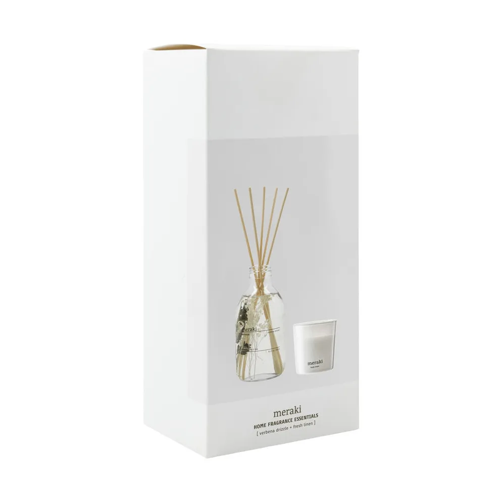 Coffret cadeau Meraki bâtonnets parfumés et bougie parfumée, Verbena drizzle-fresh linen Meraki