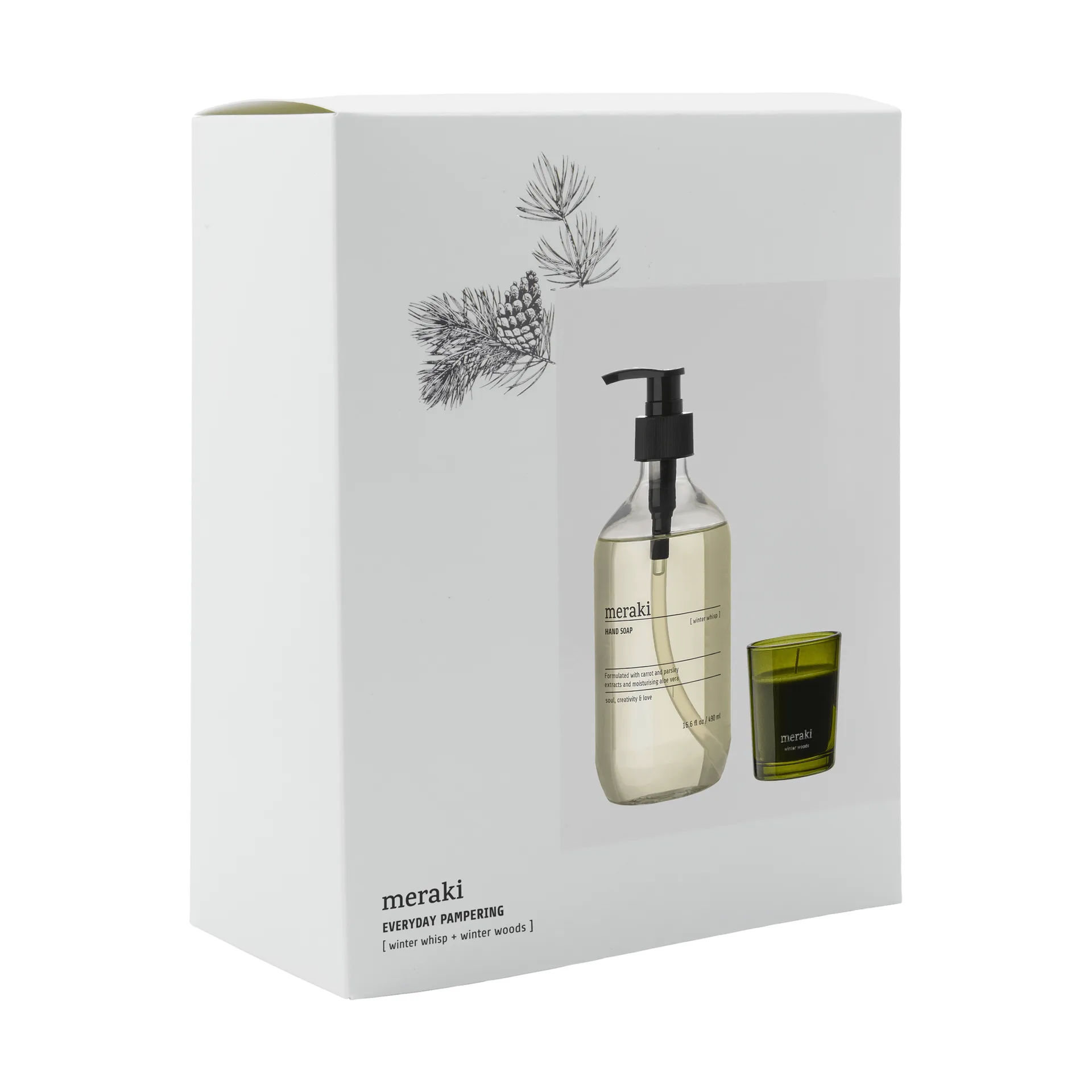 Coffret-cadeau Meraki savon pour les mains et bougie parfumée, Winter whisp, winter woods Meraki