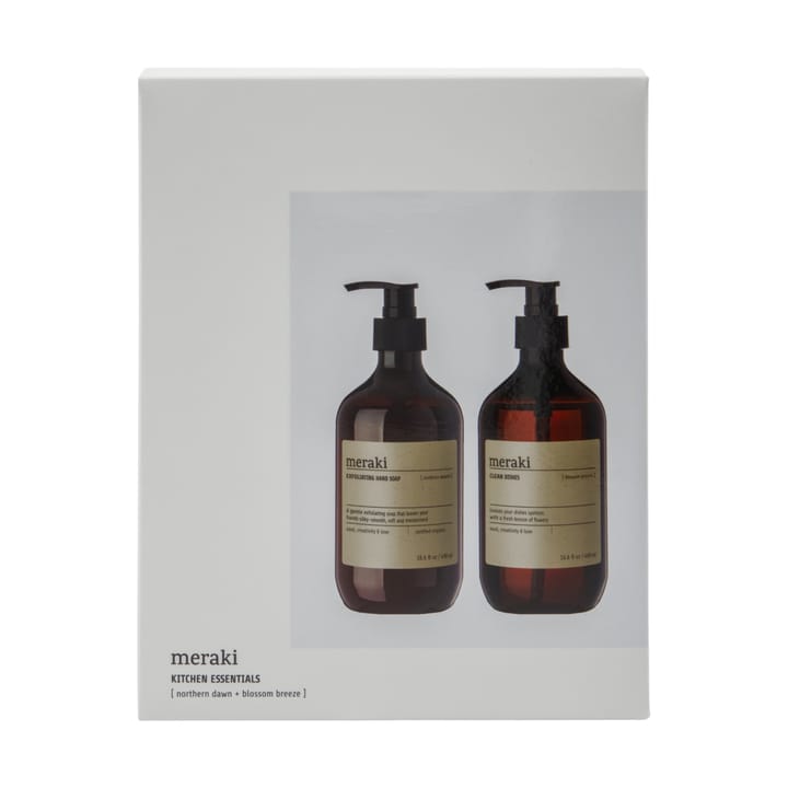 Coffret-cadeau Meraki savon pour les mains et liquide vaisselle, Exfoliant Étoile du Nord, Brise de fleurs Meraki