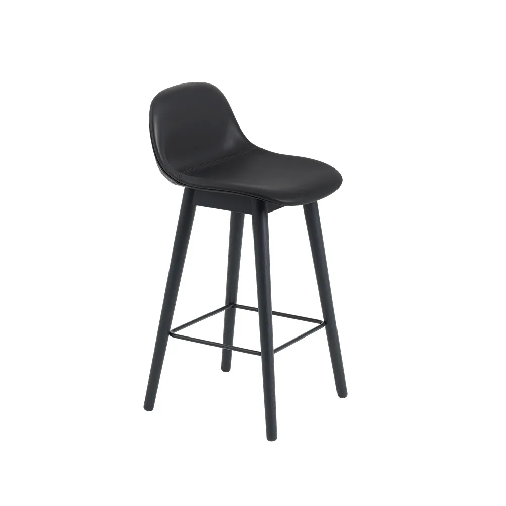 Tabouret de bar Fiber avec dossier 75 cm, Cuir black-pieds noirs Muuto