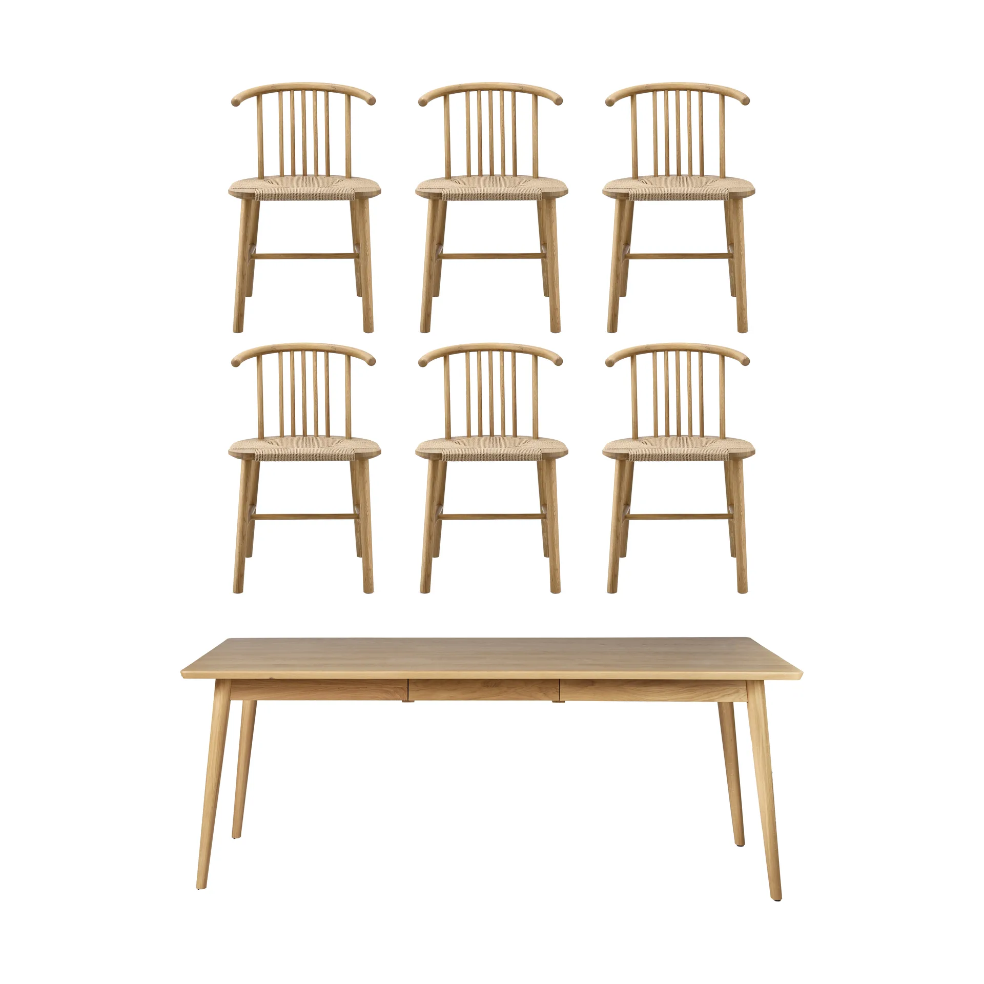 Table à manger VIOR 200 cm + chaise lot de 6 – Chêne laqué‑naturel NJRD