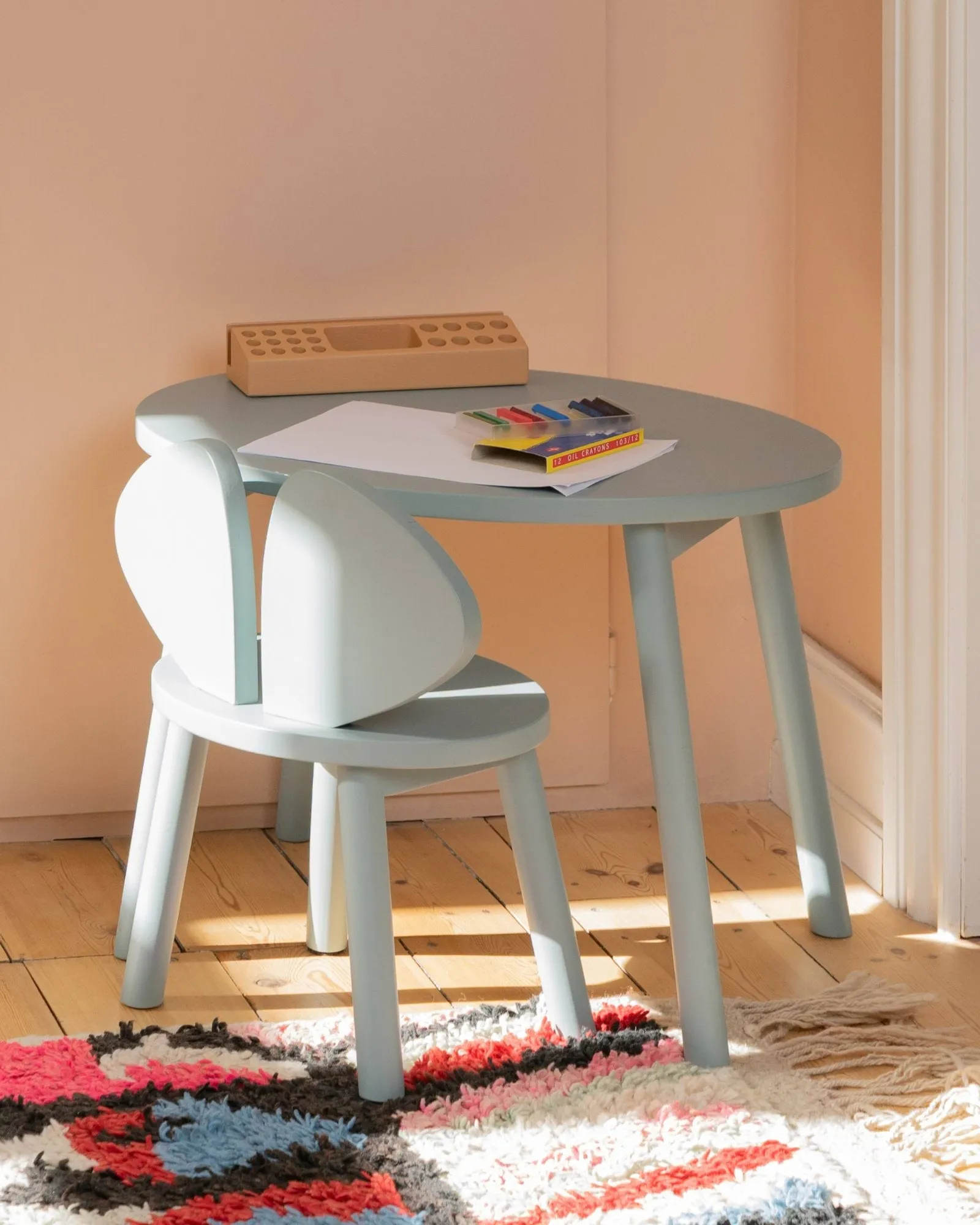 Ensemble Mouse chaise haute + table, Vert olive Nofred