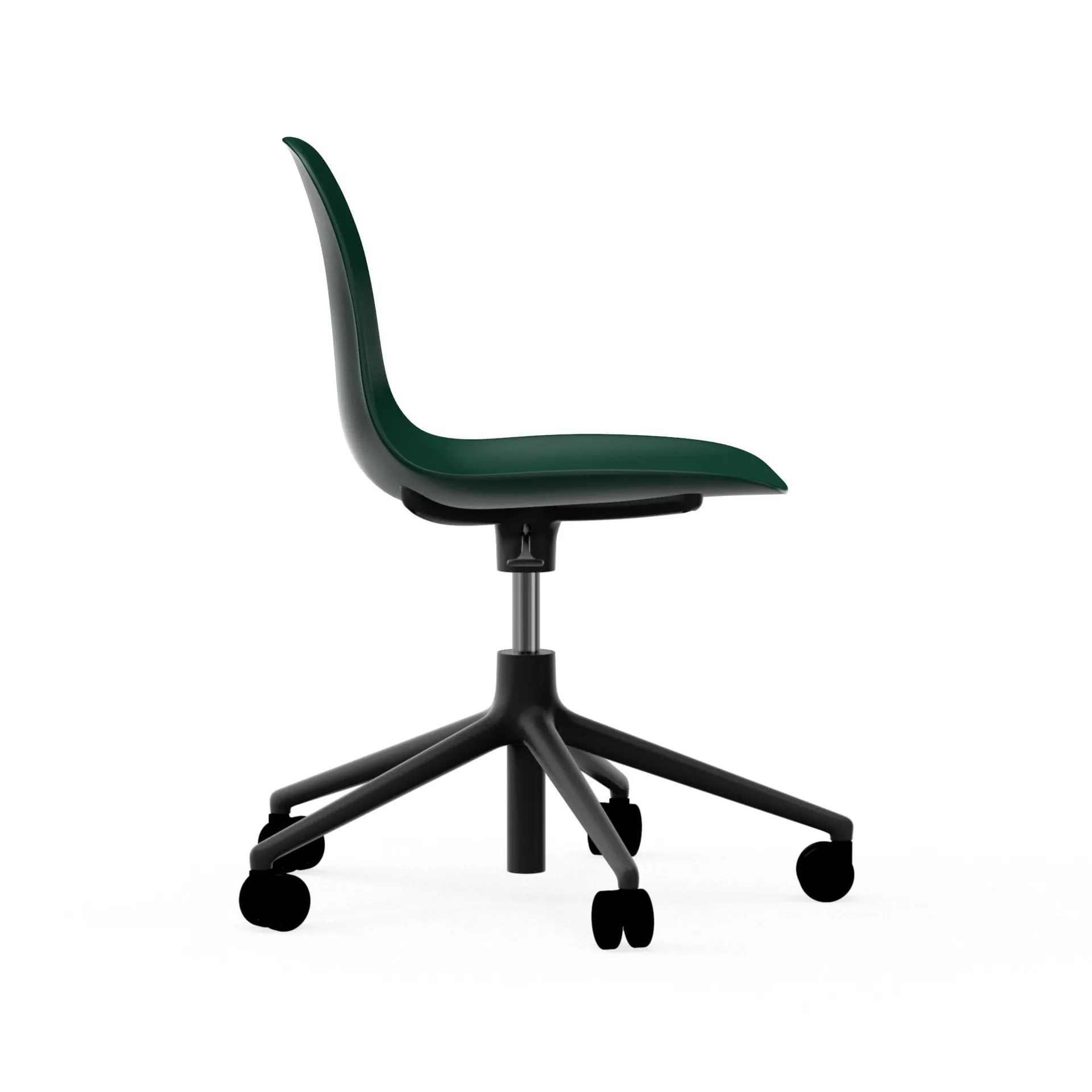 Chaise de bureau Form avec base pivotante, fauteuil de bureau 5W, vert, aluminium noir, roulettes Normann Copenhagen