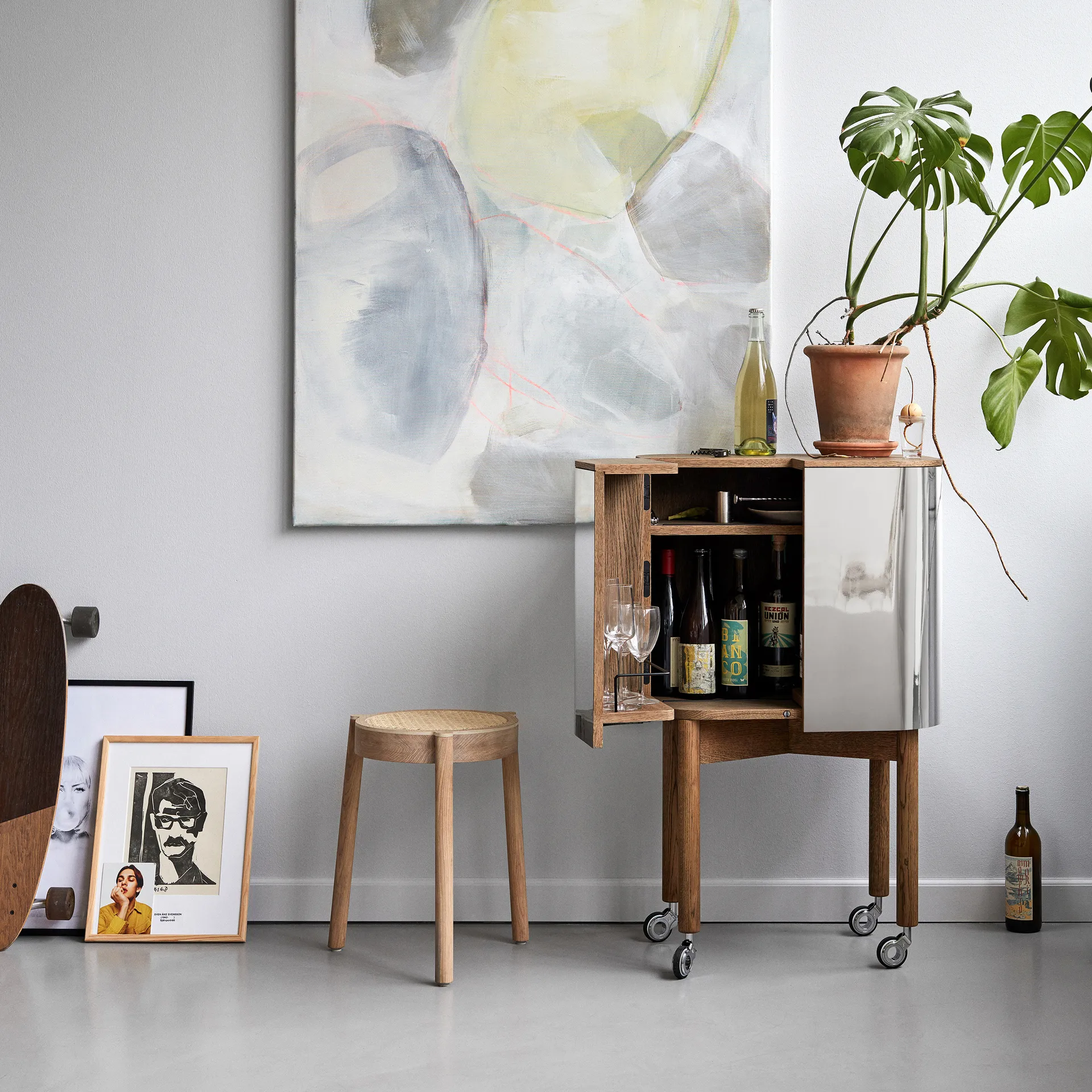 Meuble-bar Loud sur roues, chêne fumé Northern