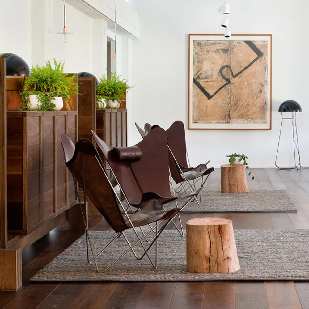 Fauteuil papillon KS Chair, cuir noisette, support en acier inoxydable OX Denmarq