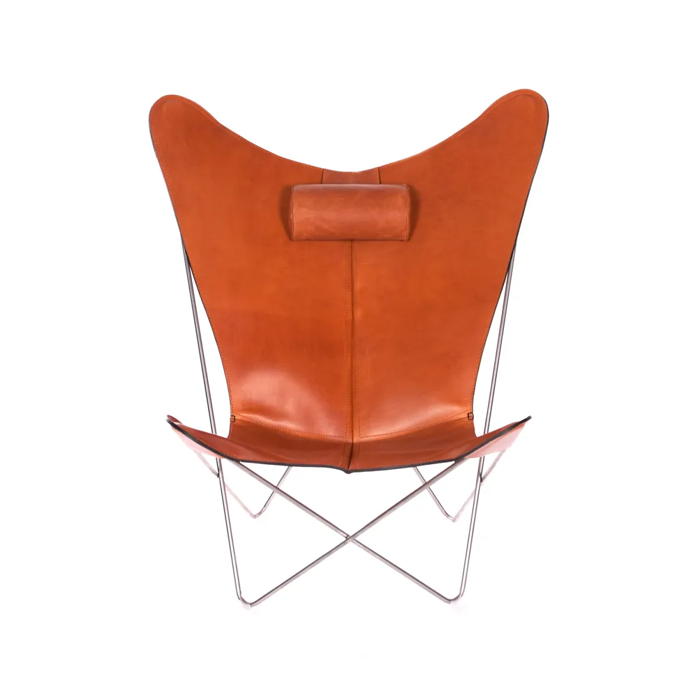 Fauteuil papillon KS Chair, cuir noisette, support en acier inoxydable OX Denmarq