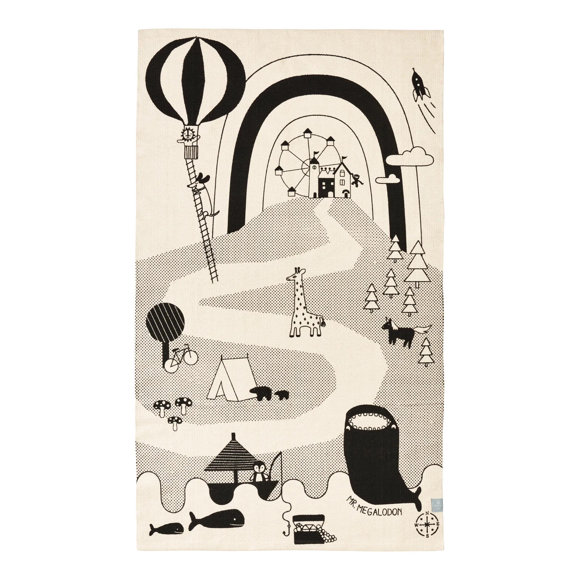 Tapis Mr. Megalodon Adventure 90x150cm, Blanc cassé-Noir OYOY