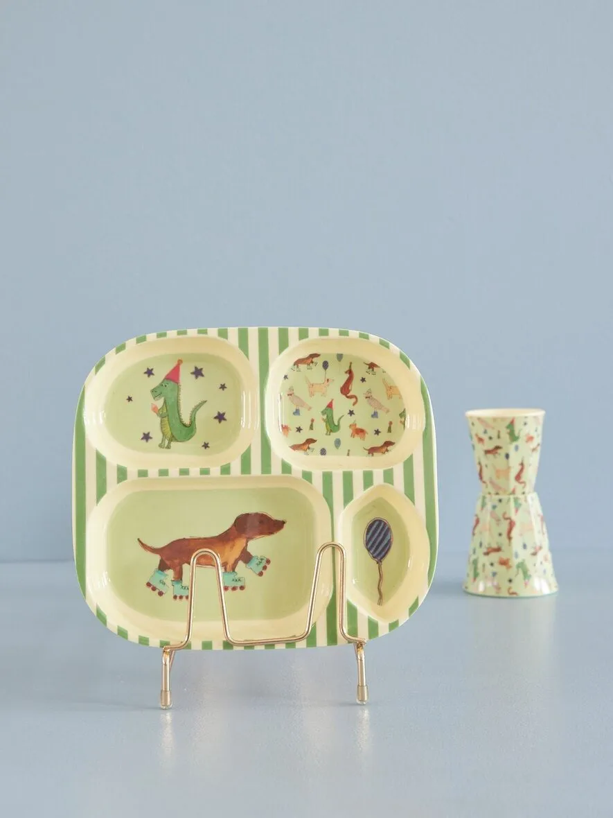Assiette pour enfants Rice mélamine 4 compartiments, Animal print-green RICE