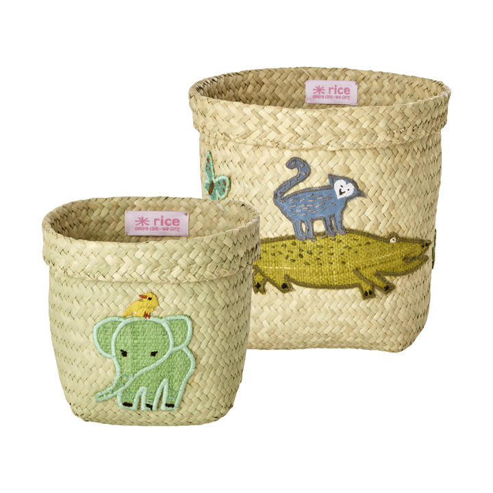 Panier de rangement rond en raphia Rice, 2 pièces - Animal Embroidery-Green-blue - RICE