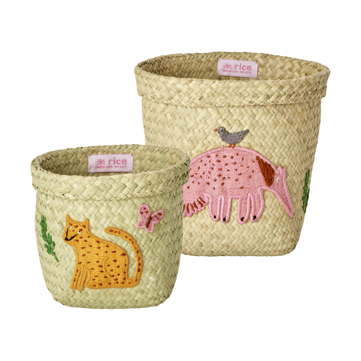 Panier de rangement rond en raphia Rice, 2 pièces - Animal Embroidery-Pink-orange - RICE
