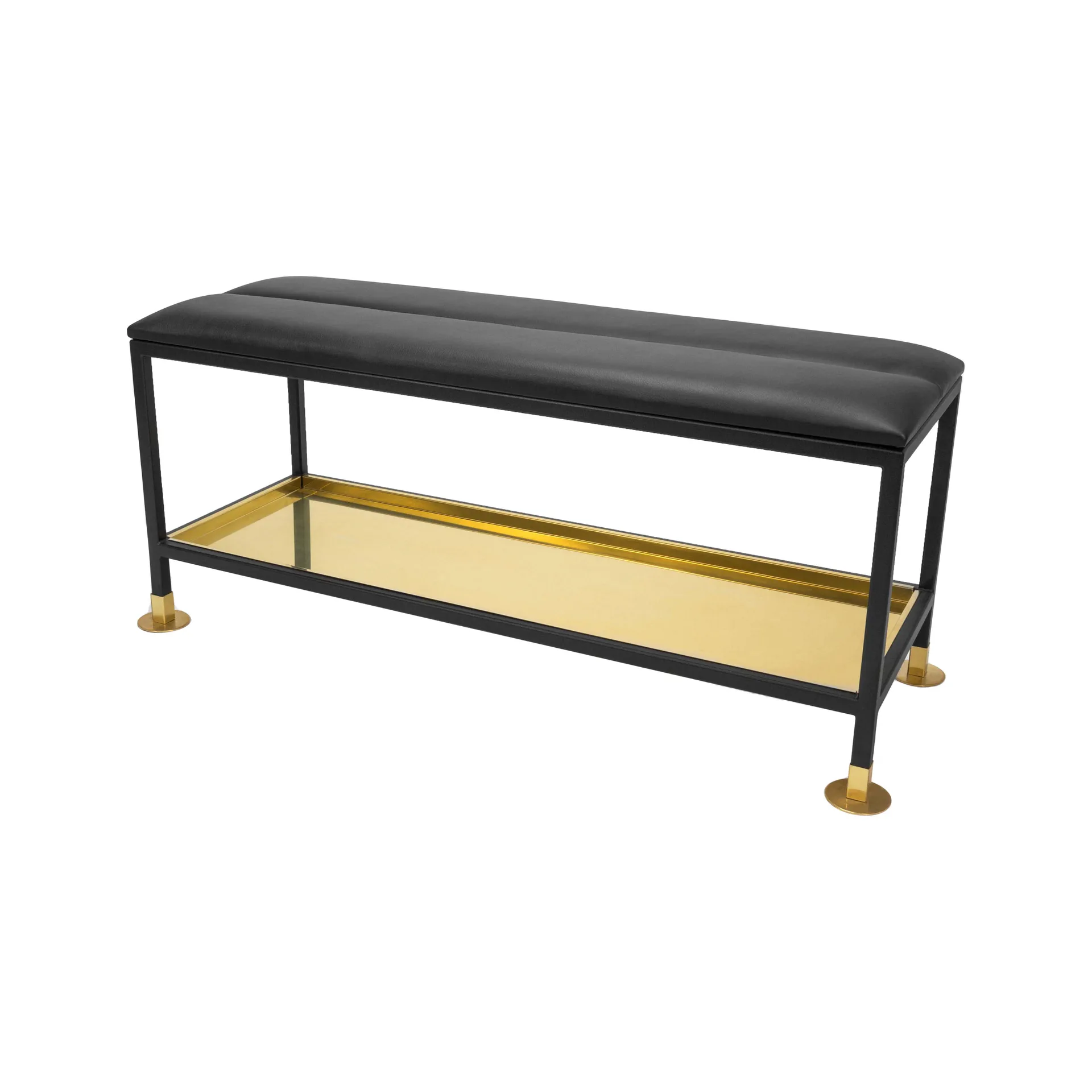 Banc de rangement à chaussures 11, noir/laiton, coussin en cuir noir Scherlin