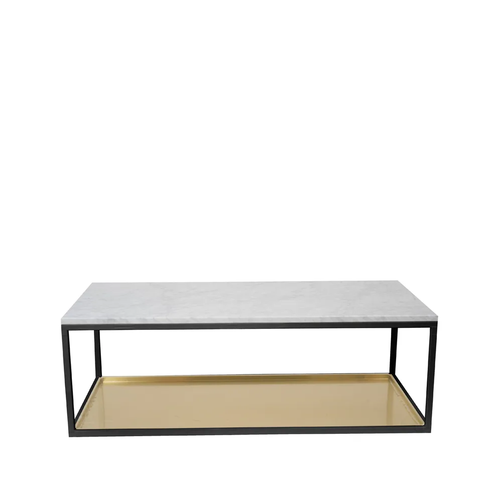 Table basse 11, marbre blanc, structure laquée noir, plateau en laiton Scherlin