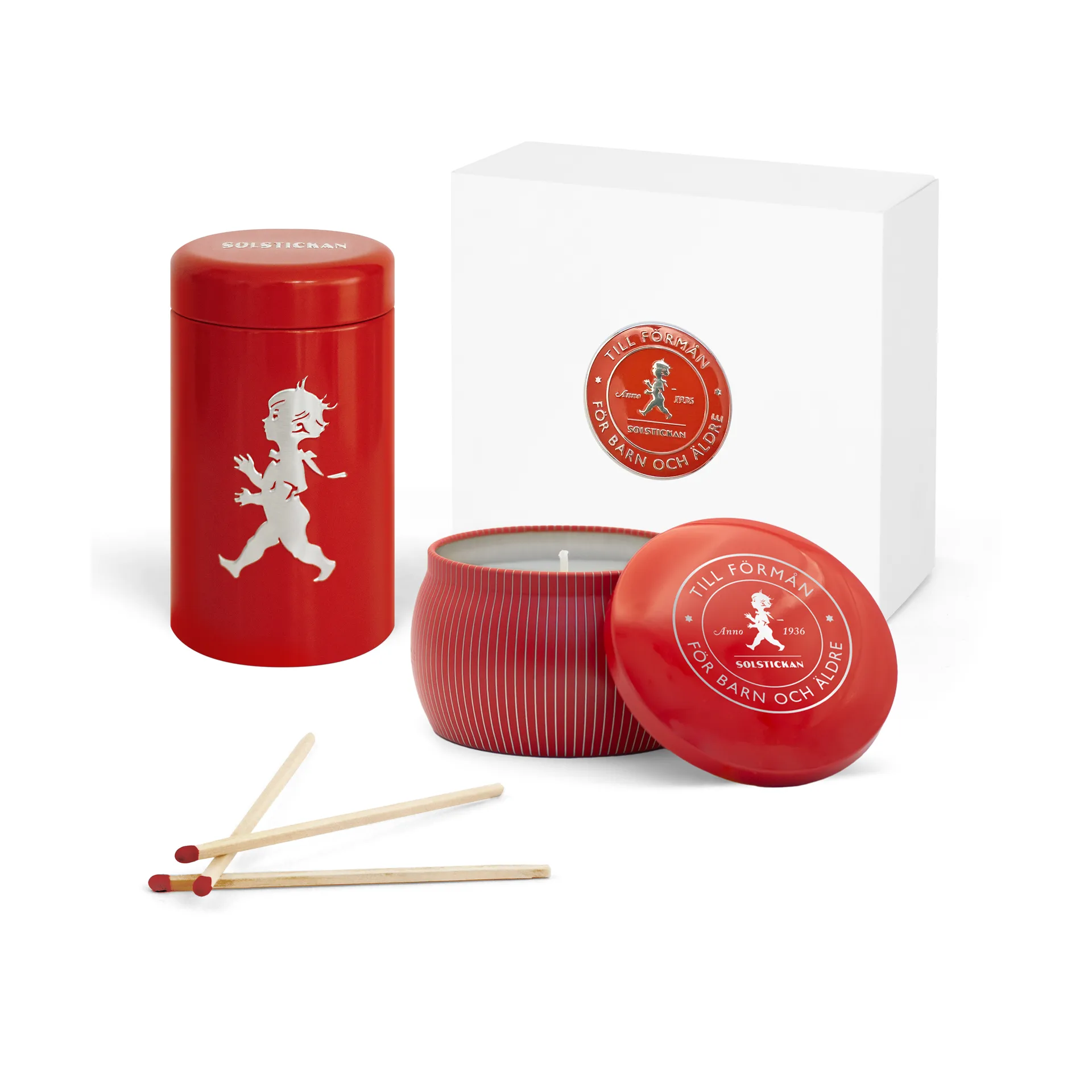 Coffret cadeau Solstickan bougie parfumée + tube d'allumettes, Rouge-cannelle et orange Solstickan Design