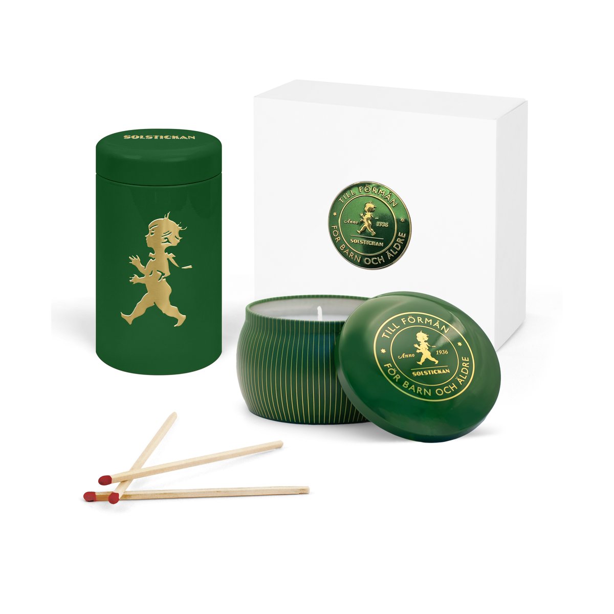 Solstickan Design Coffret cadeau Solstickan bougie parfumée + tube d'allumettes Vert-Forêt conifère