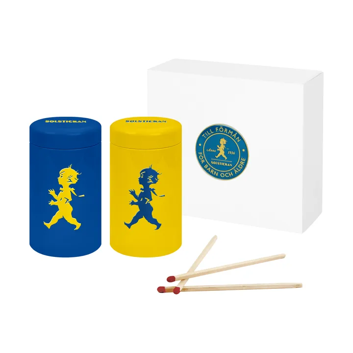 Solstickan tube d’allumettes coffret cadeau, lot de 2 - Jaune, bleu - Solstickan Design