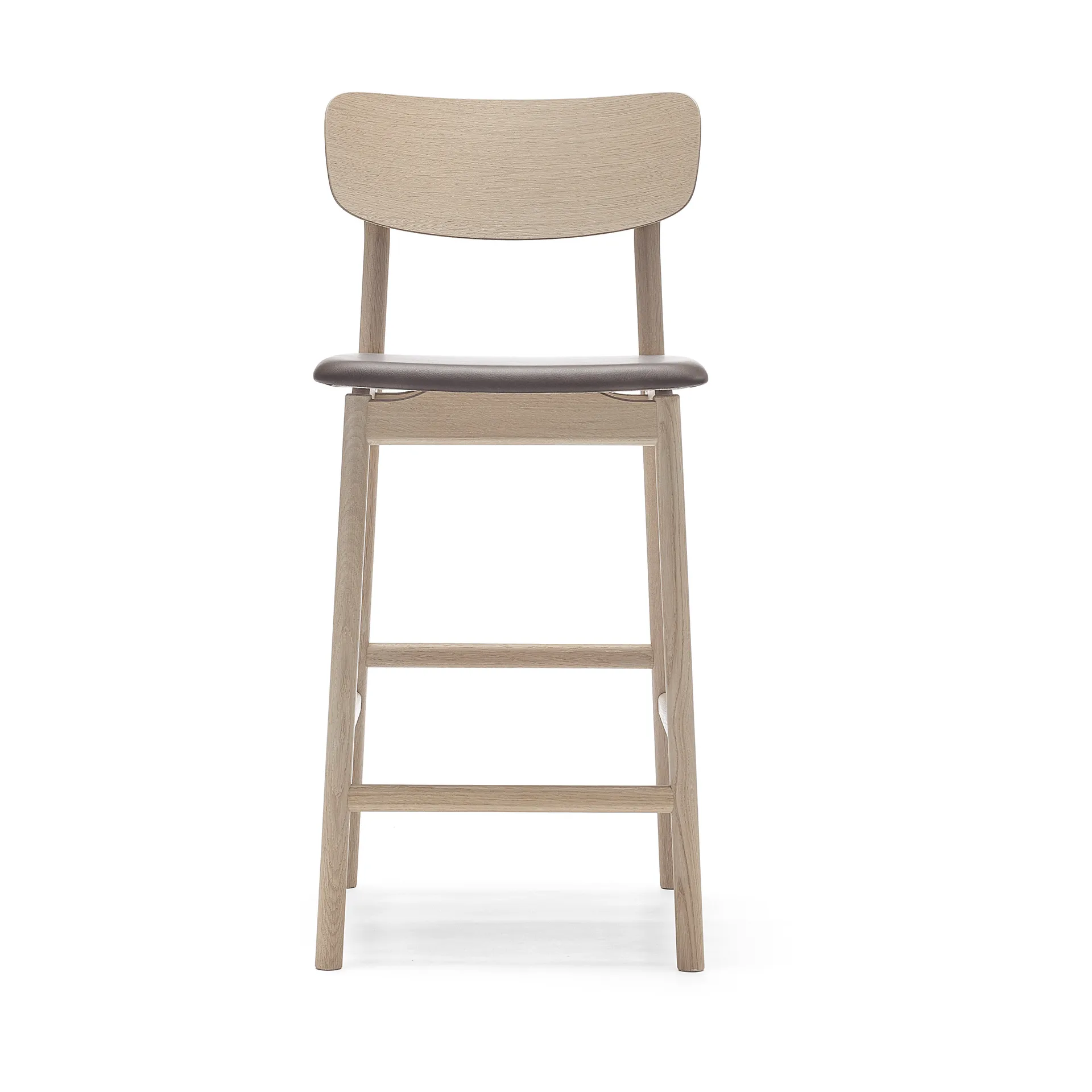 Chaise de bar Prima Vista, cuir Elmosoft marron foncé, structure en chêne huilé blanc Stolab