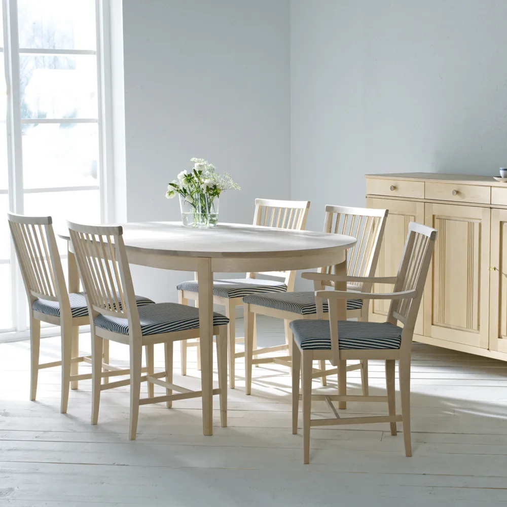 Table à manger Vardags 160x100 cm, bouleau laqué mat clair, 2 rallonges Stolab