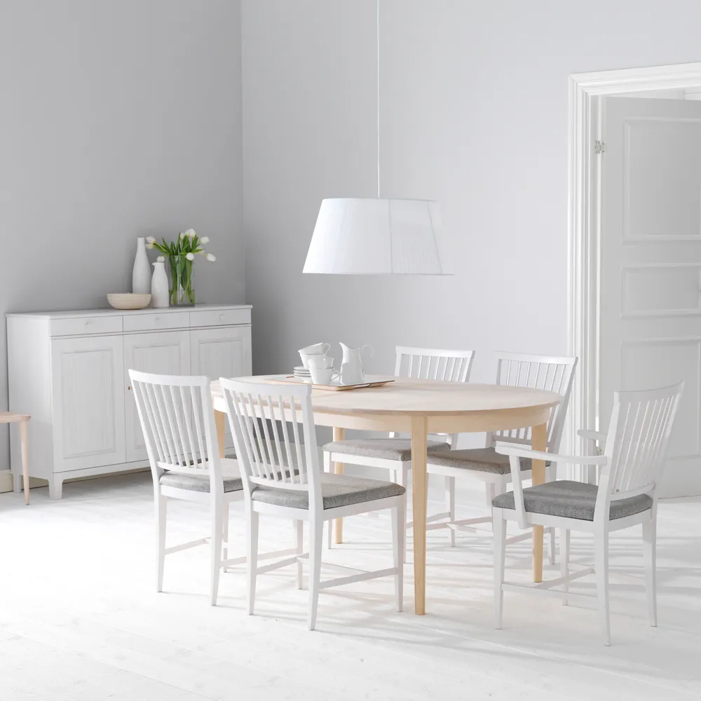 Table à manger Vardags 160x100 cm, bouleau laqué mat clair, 2 rallonges Stolab