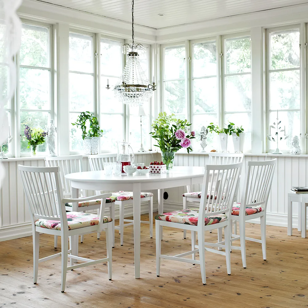 Table à manger Vardags 160x100 cm, bouleau laqué mat clair, 2 rallonges Stolab