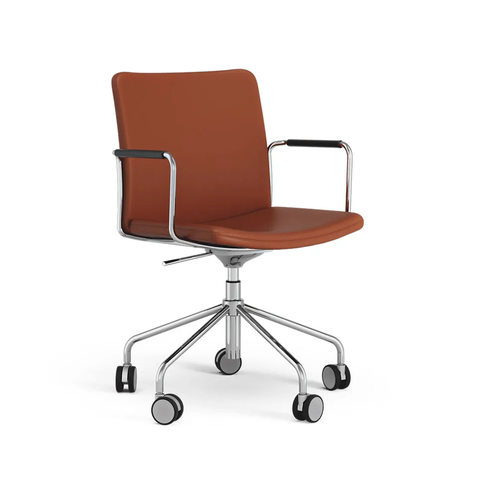 Chaise de bureau Stella réglable en hauteur, cuir elmosoft 33004 marron, chrome, aucune inclinaison au dos
 Swedese