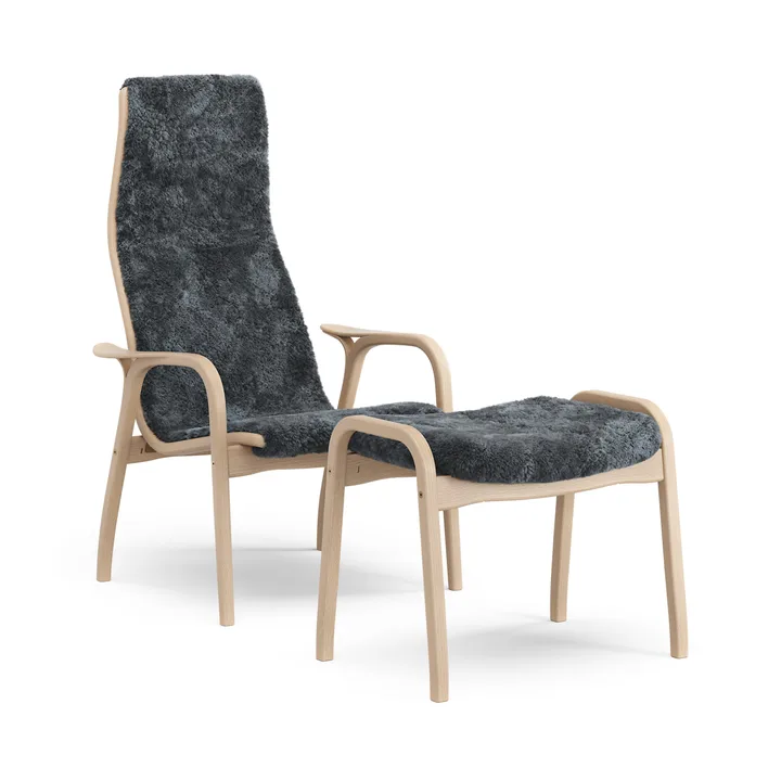 Fauteuil et repose-pieds en hêtre laqué/peau de mouton Lamino - Charcoal (gris foncé) - Swedese
