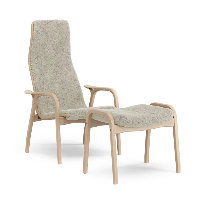 Fauteuil et repose-pieds en hêtre laqué/peau de mouton Lamino - Moonlight (beige) - Swedese