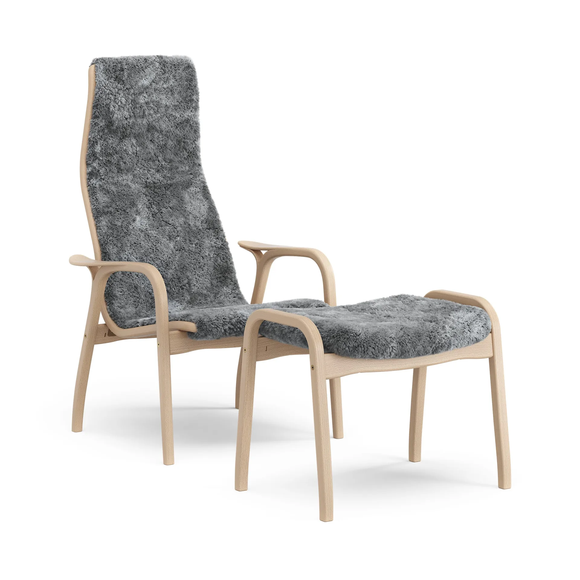 Fauteuil et repose-pieds Lamino hêtre laqué/peau de mouton, Scandinavian Grey (gris) Swedese