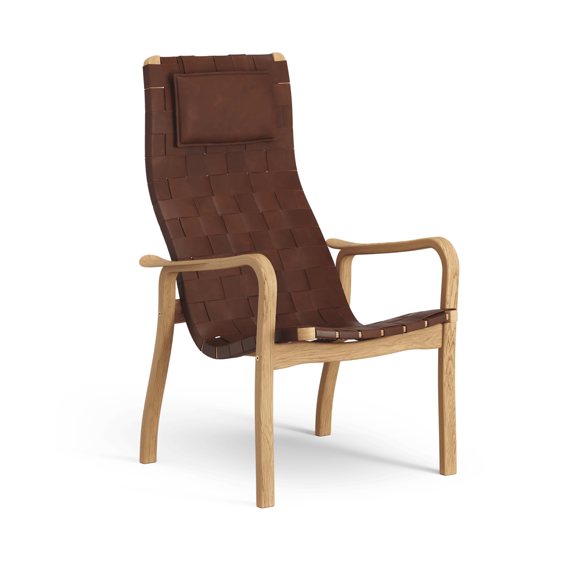 Fauteuil haut Primo avec repose-nuque chêne huilé, Bande en cuir brun-rouge Swedese