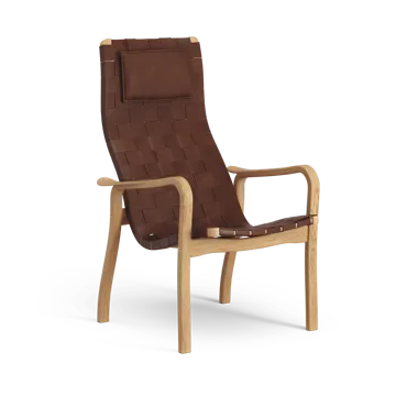 Fauteuil haut Primo avec repose-nuque chêne huilé - Bande en cuir brun-rouge - Swedese
