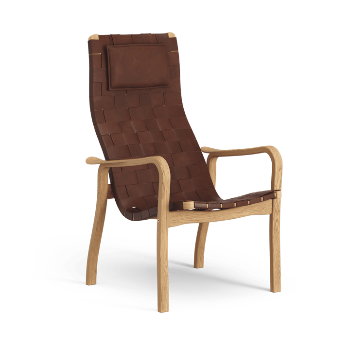 Fauteuil haut Primo avec repose-nuque chêne huilé - Bande en cuir brun-rouge - Swedese