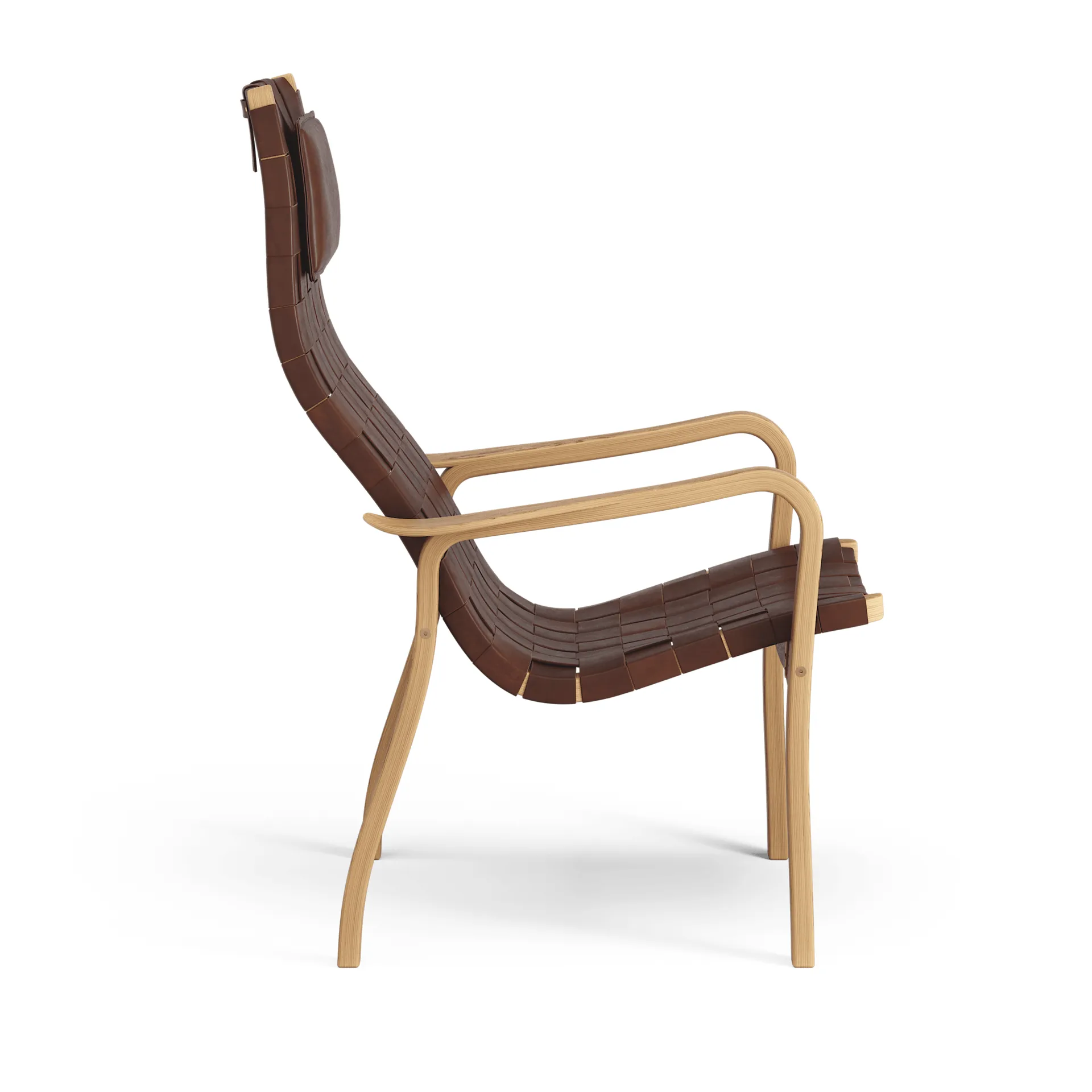 Fauteuil haut Primo avec repose-nuque chêne huilé, Bande en cuir brun-rouge Swedese