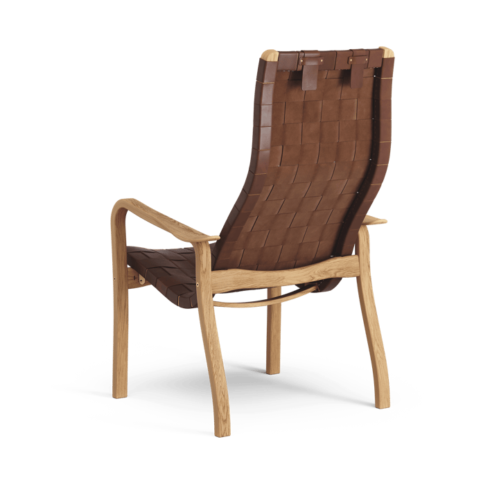 Fauteuil haut Primo avec repose-nuque chêne huilé - Bande en cuir brun-rouge - Swedese