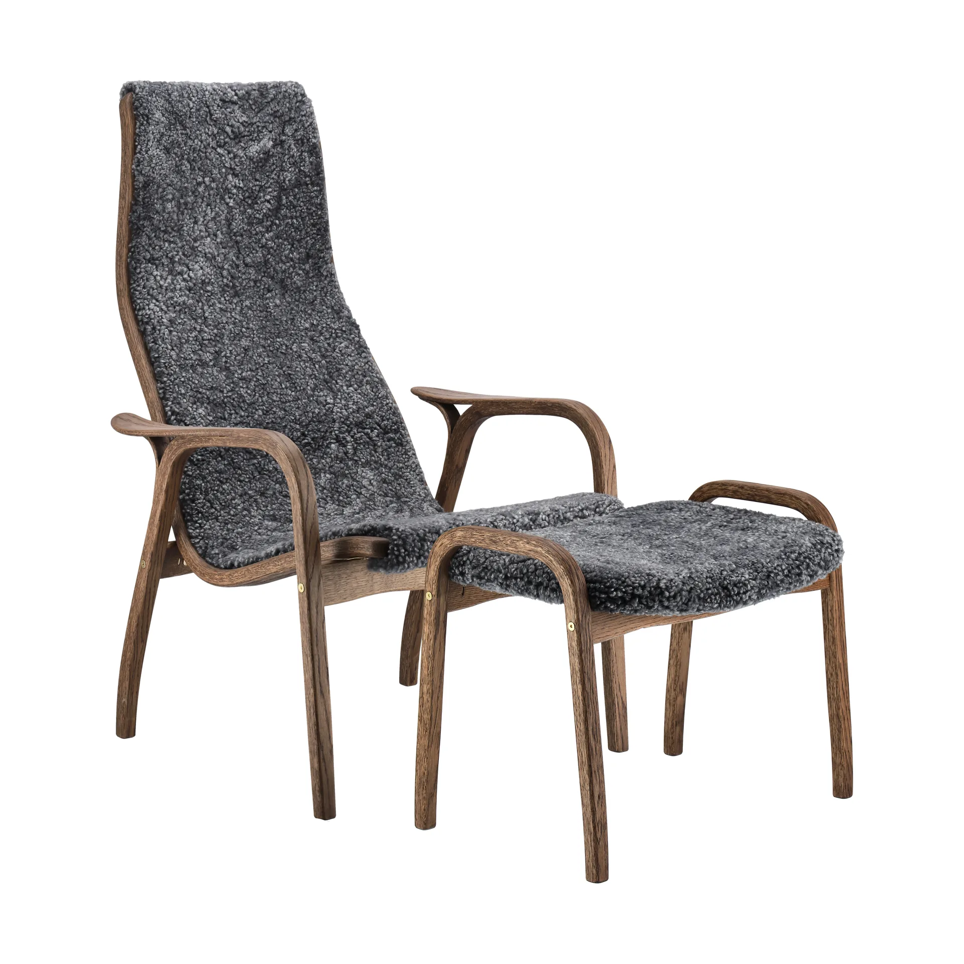 Fauteuil Lamino et repose-pieds en chêne/peau de mouton Special Edition, Rubio Monocoat Chocolate-Charcoal Swedese