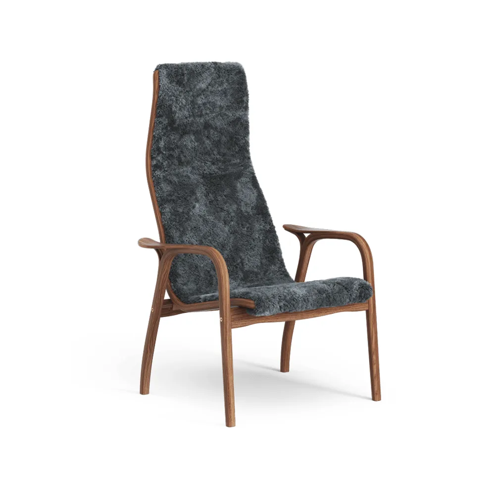 Fauteuil Lamino, peau de mouton charcoal, noyer laqué Swedese