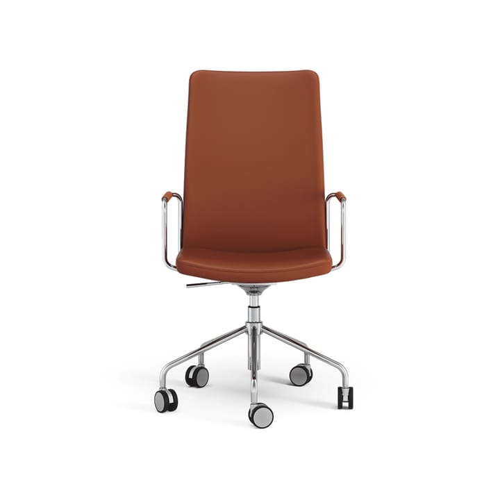 La chaise haute de bureau Stella peut être montée/abaissée sans être inclinée, cuir elmosoft 33001 marron, chrome, hauteur d'assise réglable  Swedese
