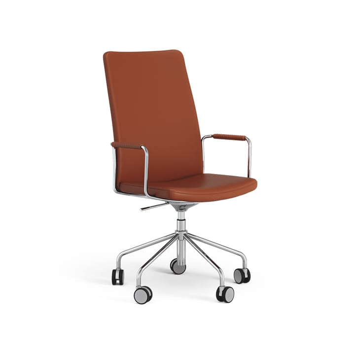 La chaise haute de bureau Stella peut être montée/abaissée sans être inclinée, cuir elmosoft 33001 marron, chrome, hauteur d'assise réglable  Swedese
