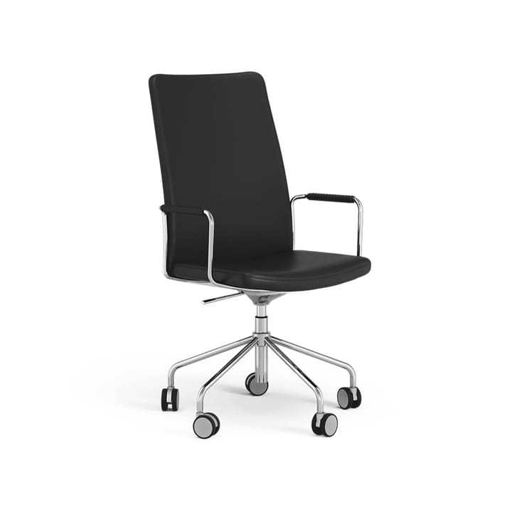 La chaise haute de bureau Stella peut être montée/abaissée sans être inclinée - cuir elmosoft 99999 noir, chrome, hauteur d'assise réglable - Swedese