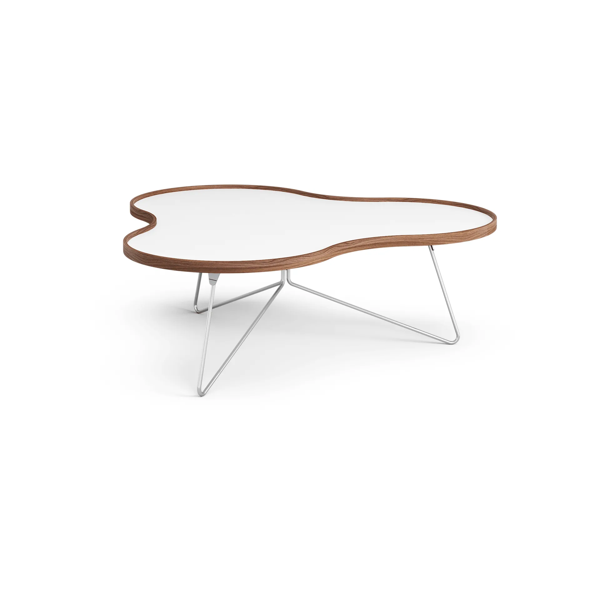 Table Flower 107x114 cm, blanc, 39 cm, bord en noyer, structure chromée Swedese