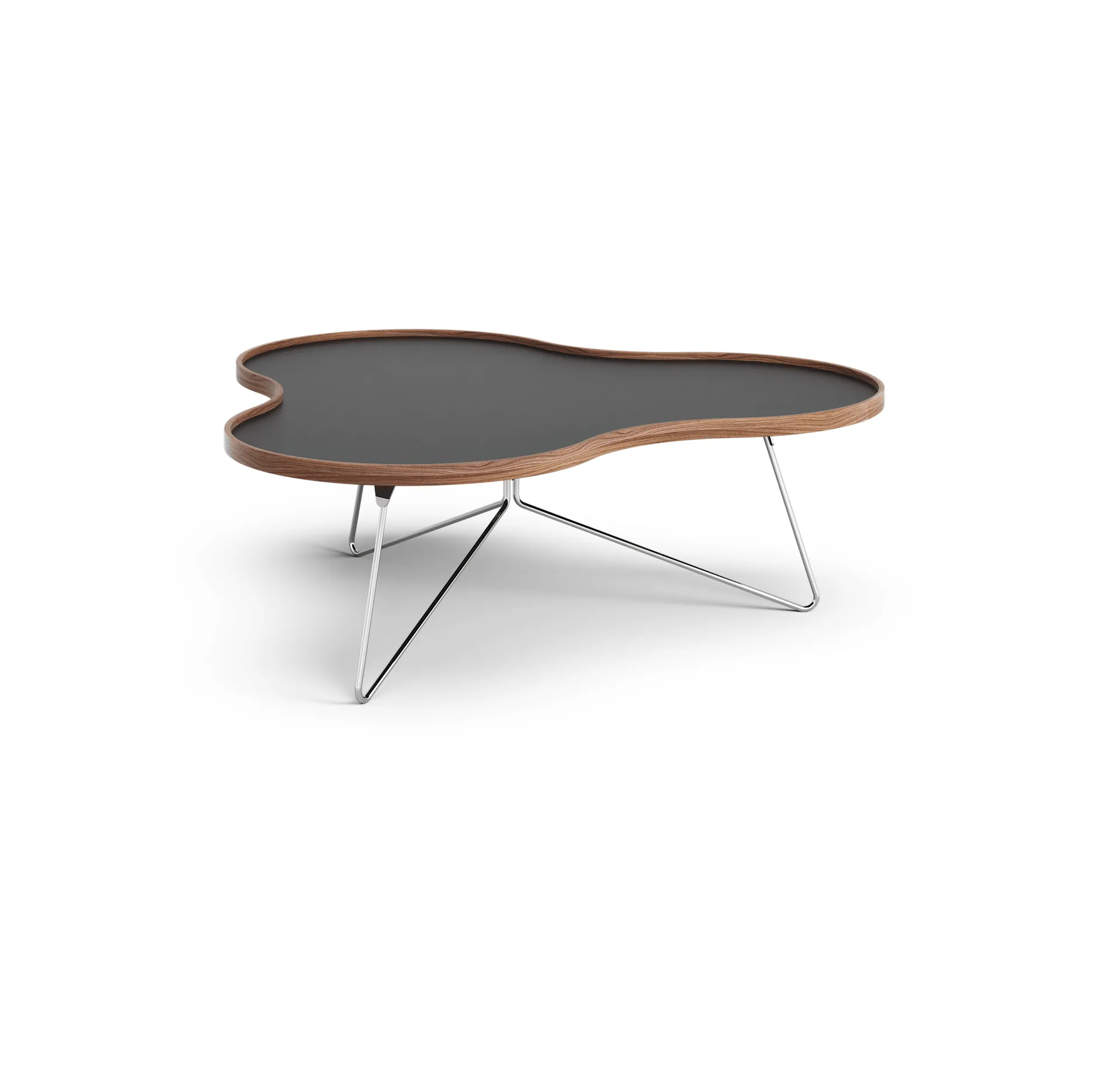 Table Flower 107x114 cm, noir, 39 cm, bord en noyer, structure chromée Swedese