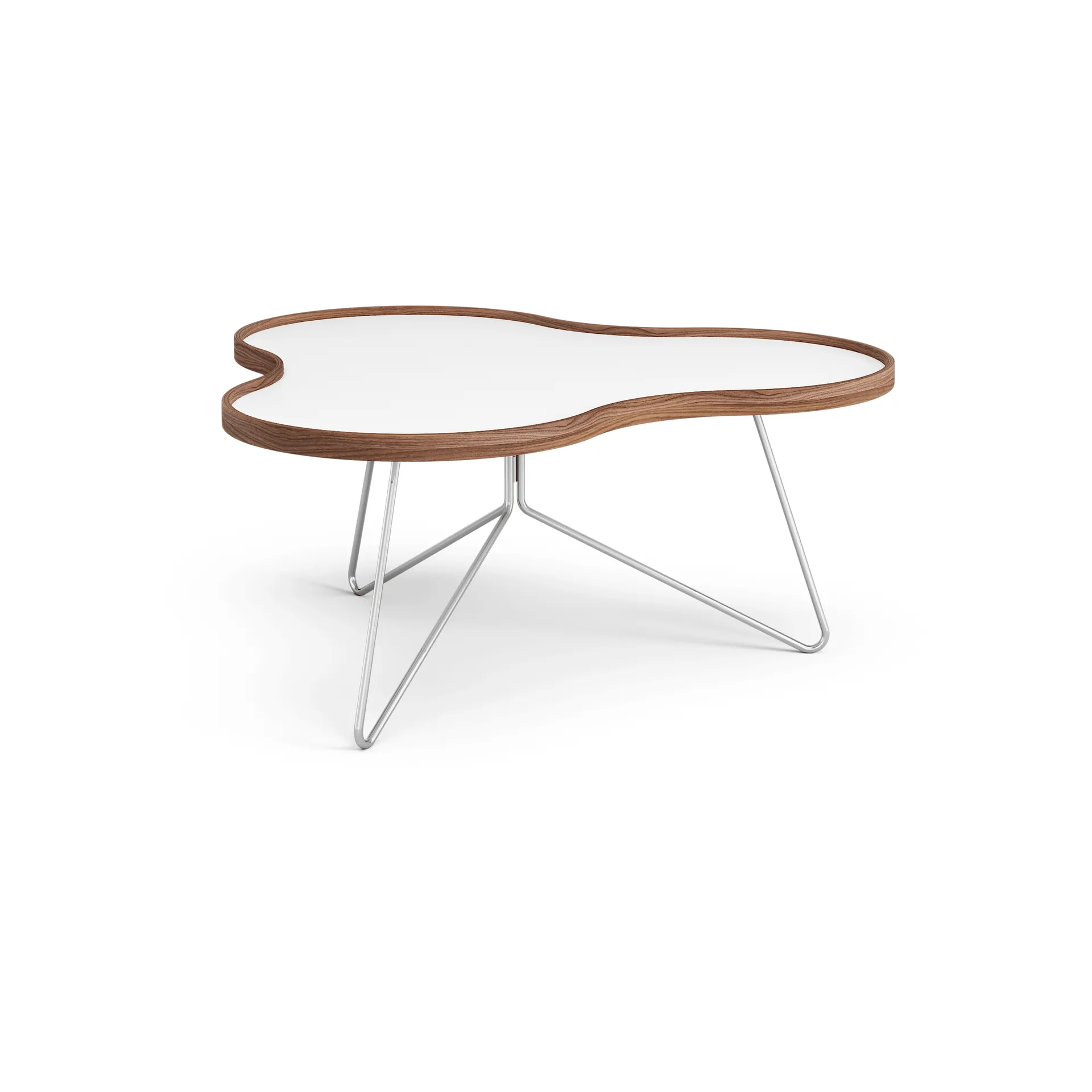 Table Flower 84x90 cm, blanc, 39 cm, bord en noyer, structure chromée Swedese