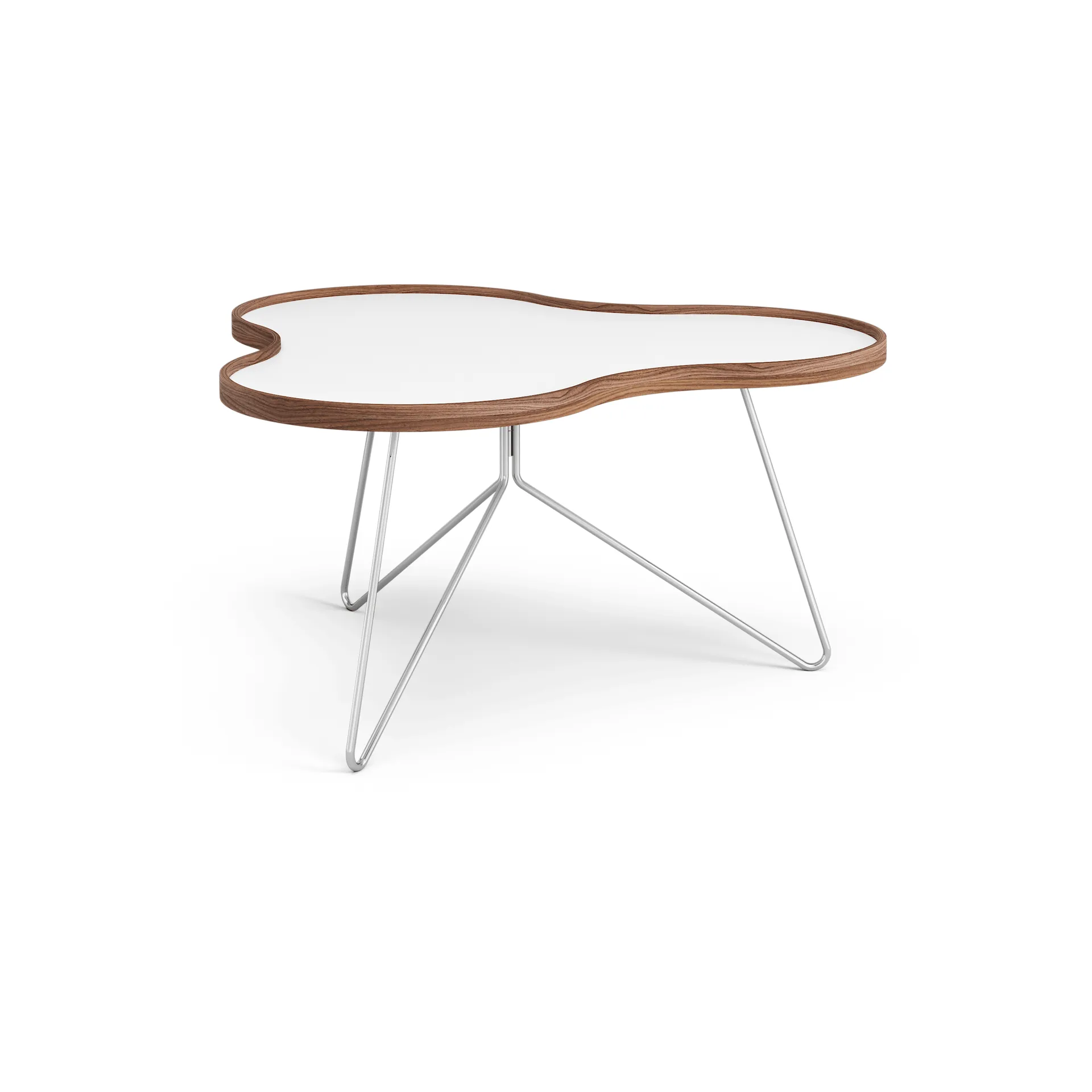 Table Flower 84x90 cm, blanc, 45 cm, bord en noyer, structure chromée Swedese