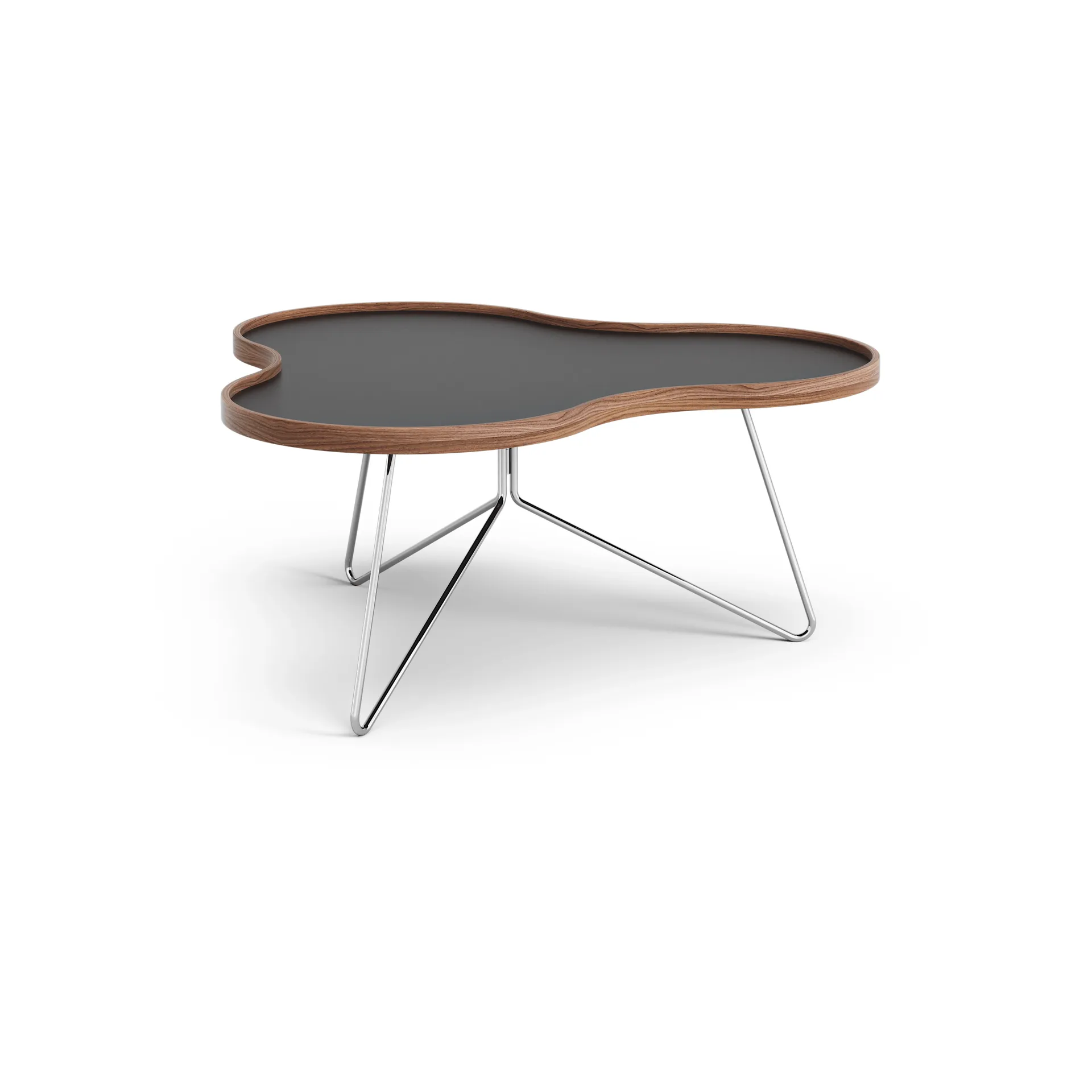 Table Flower 84x90 cm, noir, 39 cm, bord en noyer, structure chromée Swedese