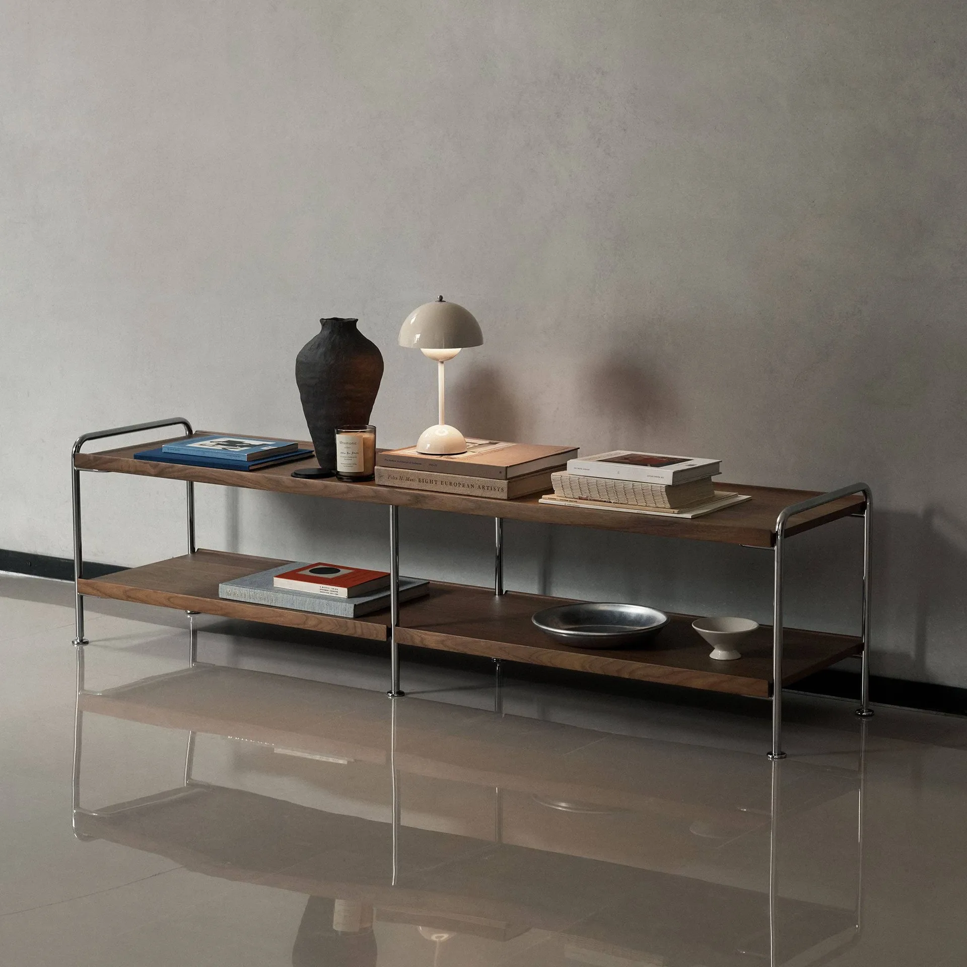 Étagère console Alima NDS4, Noyer laqué-chrome, 162x42x38 cm &Tradition