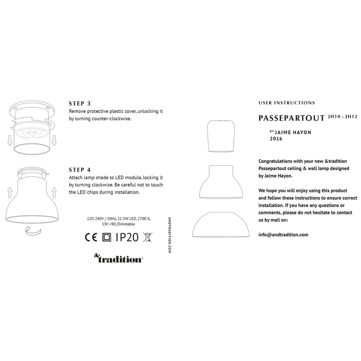 Lampe Passepartout JH12 montage fixe, Doré &Tradition