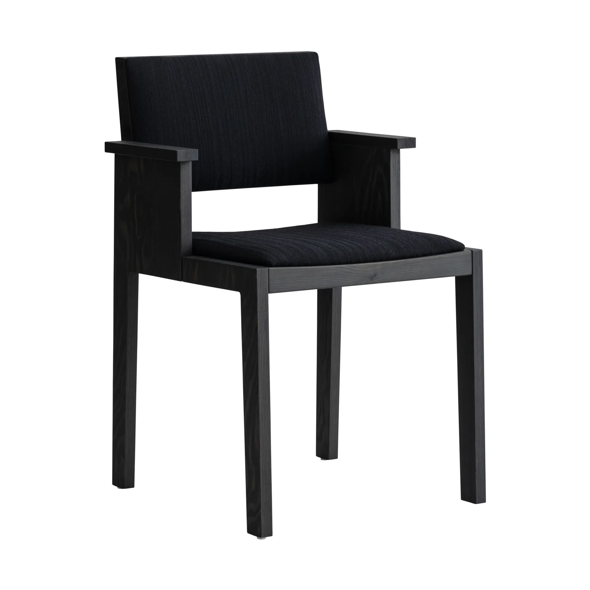 Fauteuil à accoudoirs 016 Maasto Dining Armchair, Pin de couleur noire, face avant habillée en noir Vaarnii