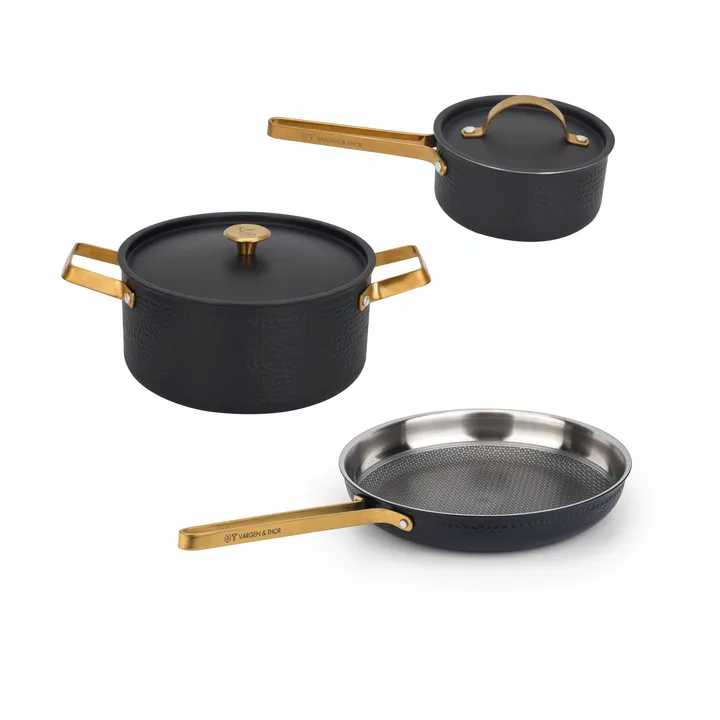Arvet Viggo Mio batterie de casseroles - Noir mat-laiton, 5 pièces - Vargen & Thor