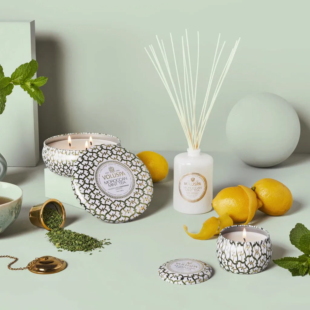 Bougie parfumée Maison Blanc 3-wick Tin 40 heures, Moroccan Mint Tea Voluspa