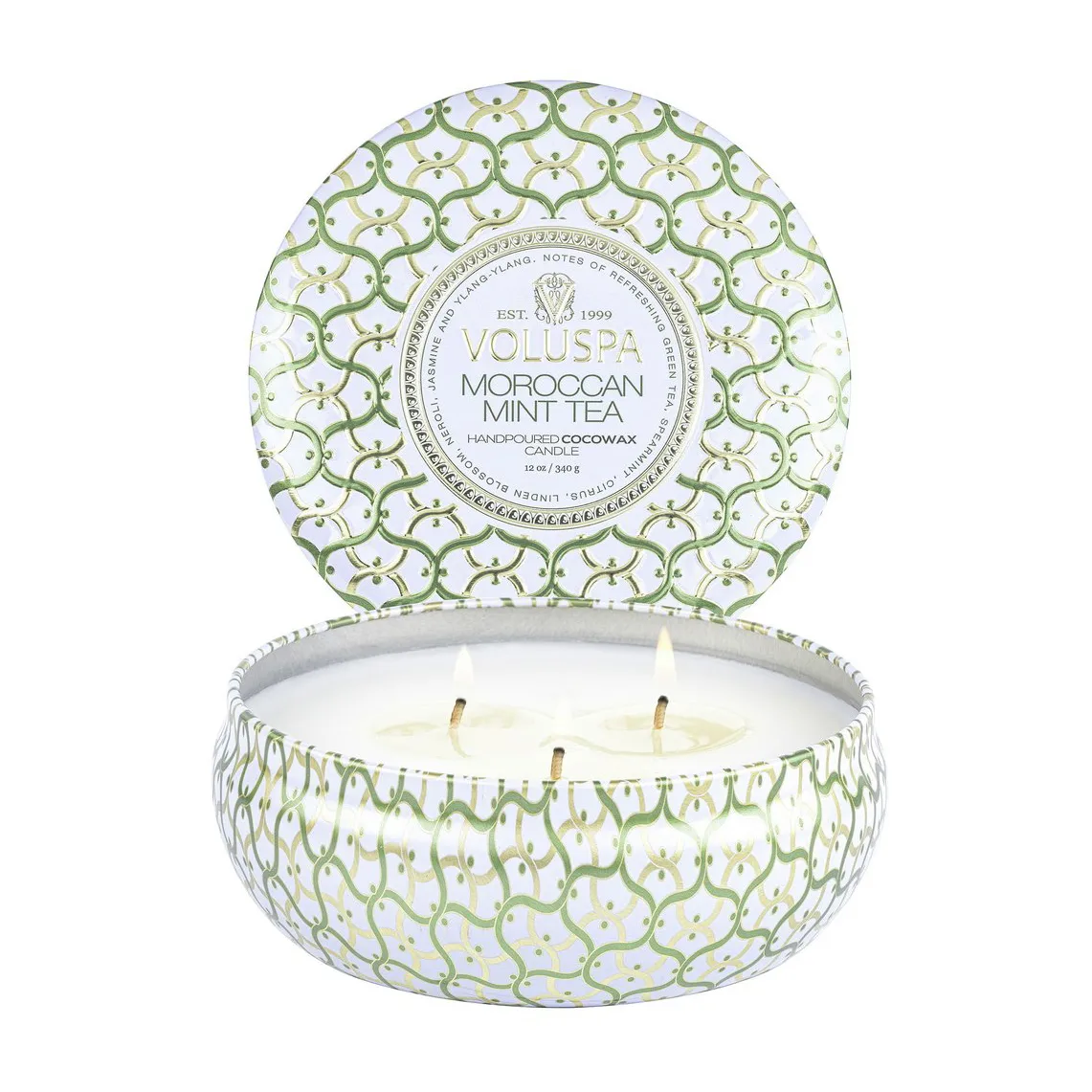 Bougie parfumée Maison Blanc 3-wick Tin 40 heures, Moroccan Mint Tea Voluspa